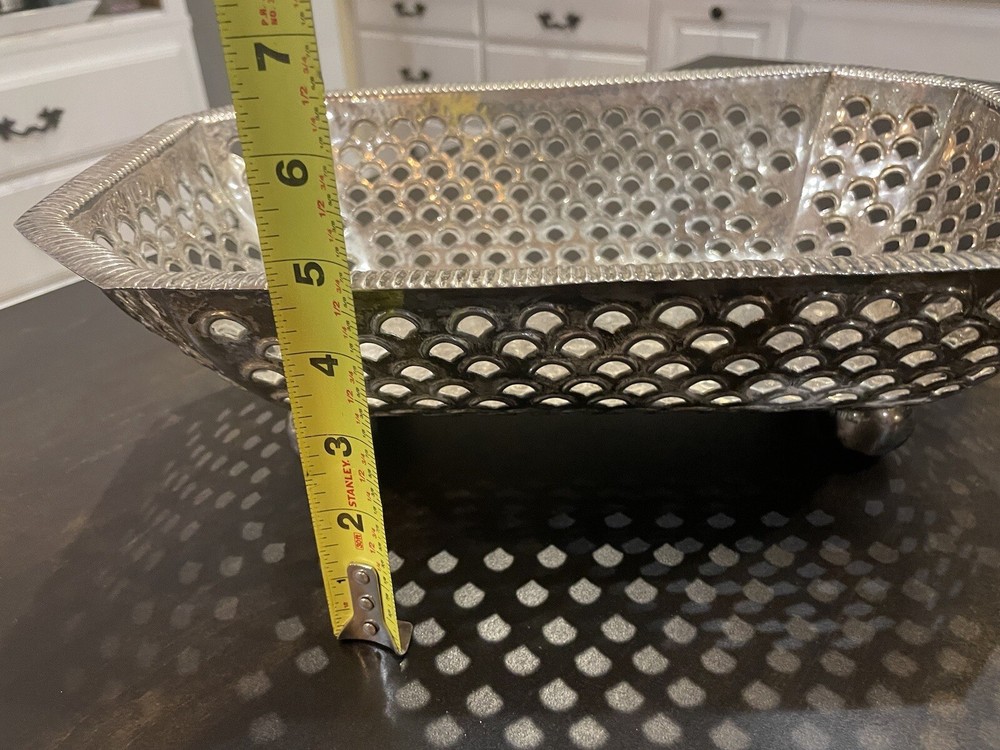 Vintage Silver Tone Ornate Rectangular Open work Hammered Footed Basket 55