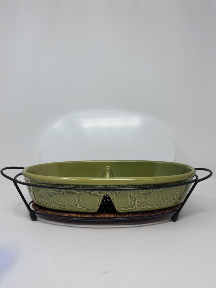 Temptations Green Divided Casserole Baking Dish With Lid & Stand Fruit Basket