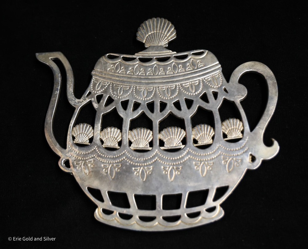 Vintage Silverplated Teapot Shaped Trivet with Seashell Pattern