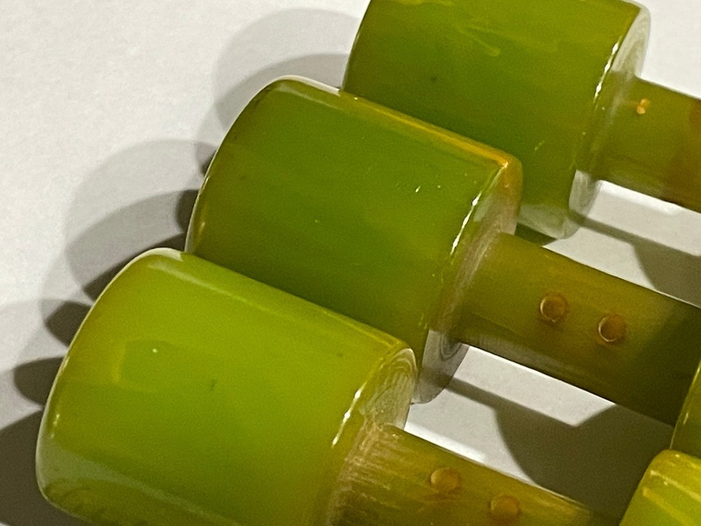 HUGE Bakelite Toggle Barbell Buttons (THREE). Marbled Green. 1940s