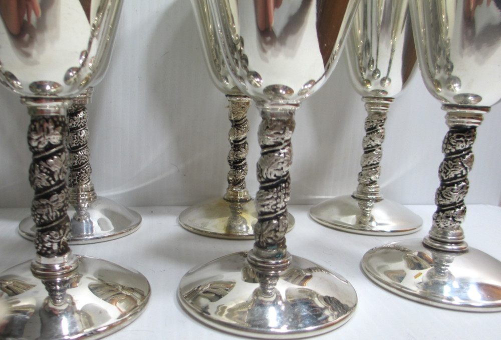 Vintage Silver-Plated Wine Goblet Stemware Spain Set 10 Twisted Grapevine Stem
