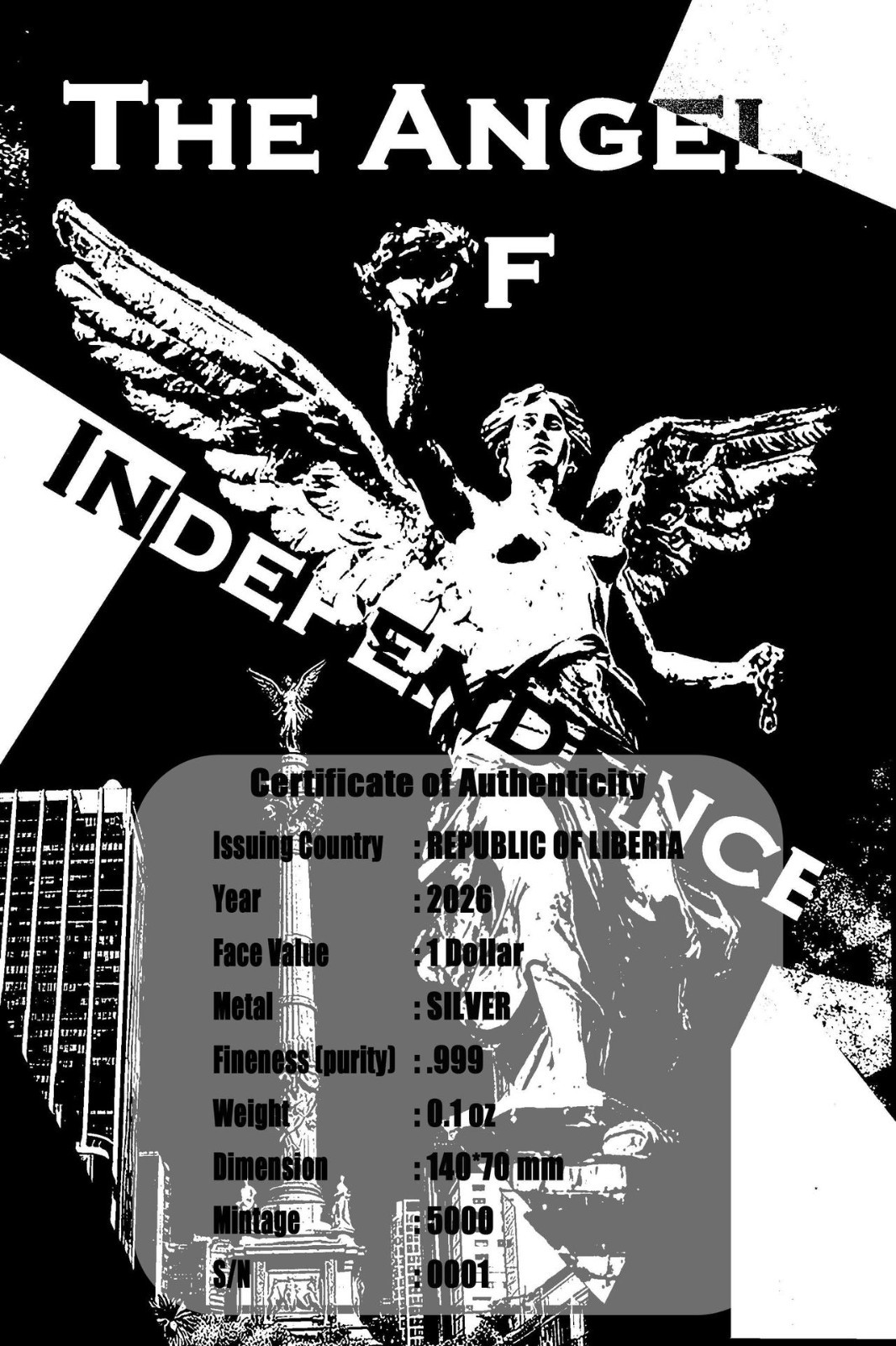 1/10 Oz Silver Note .999 1$ Liberia 2026 The Angel Of Independence In Case & box