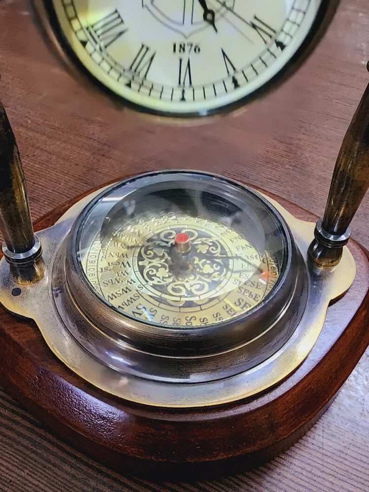 Nautical Elegance: Antique Brass Desk Clock with Integrated Compass - Timeless