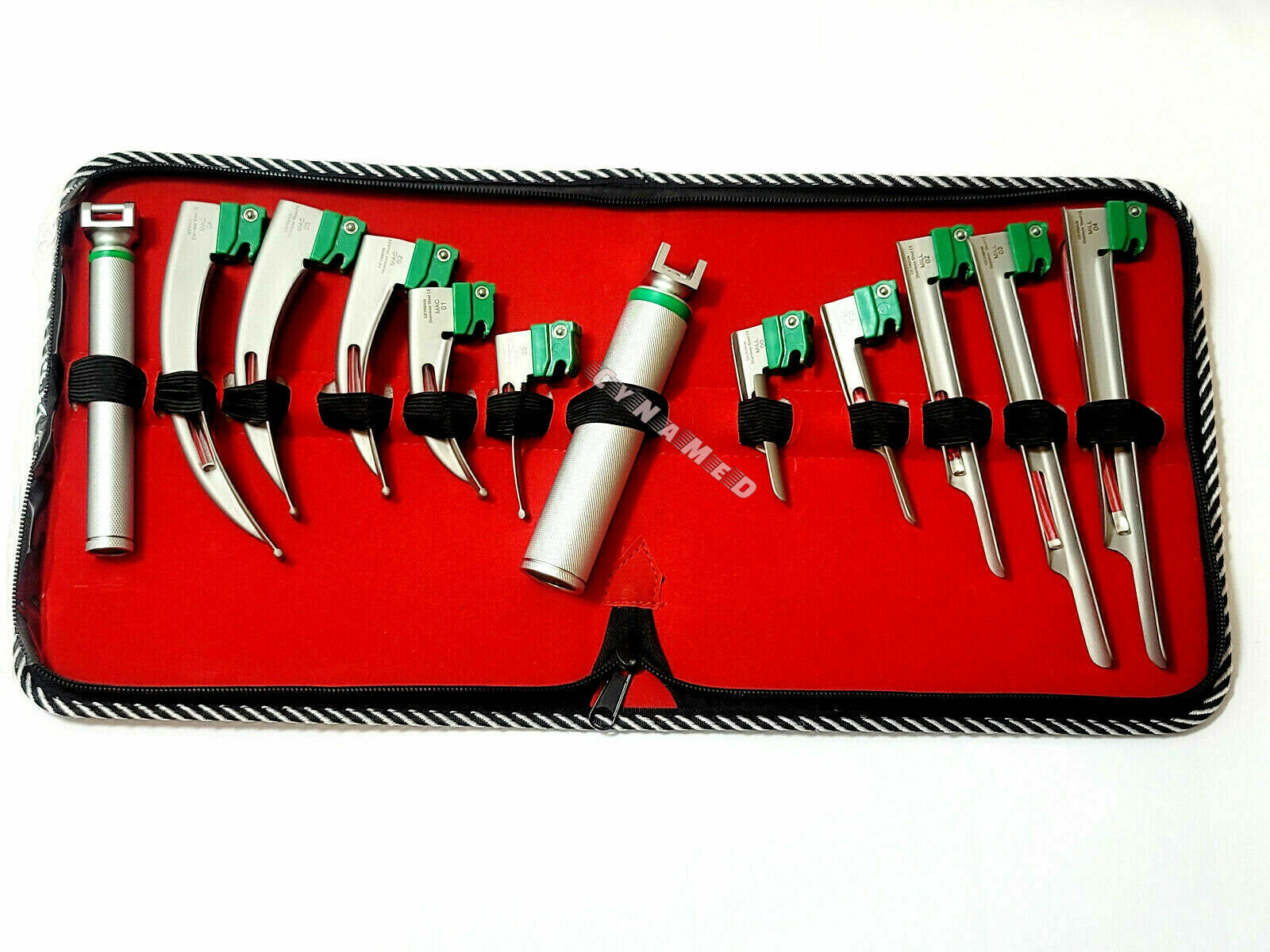 SET OF 10 FIBER OPTIC MAC & MILLER LARYNGOSCOPE BLADE+2 HANDLE INTUBATON kit