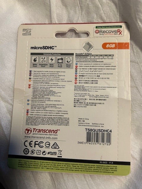 Transcend 8GB microSDHC Class 4 Flash Memory Card TS8GUSDHC4 BN & Sealed!