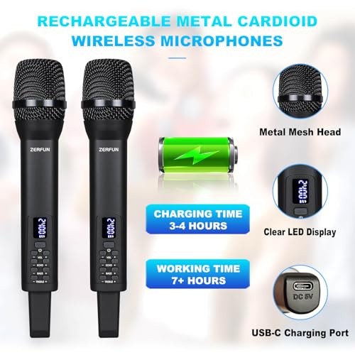 Dual Rechargeable Wireless Microphones, Pro Handheld Cordless 2 Mics, Black