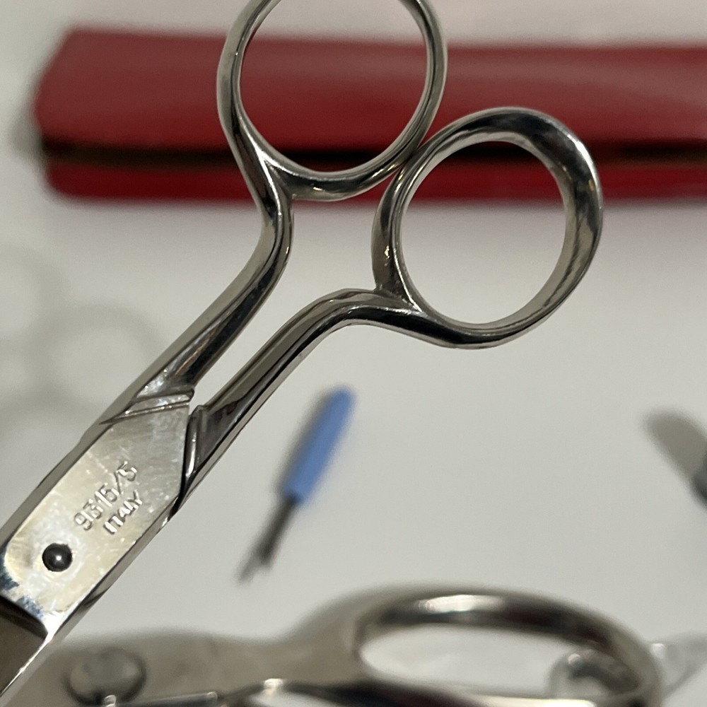 Vintage Pinking Shears, Griffon Scissors, Thimble & Red Leather Sewing Case Set