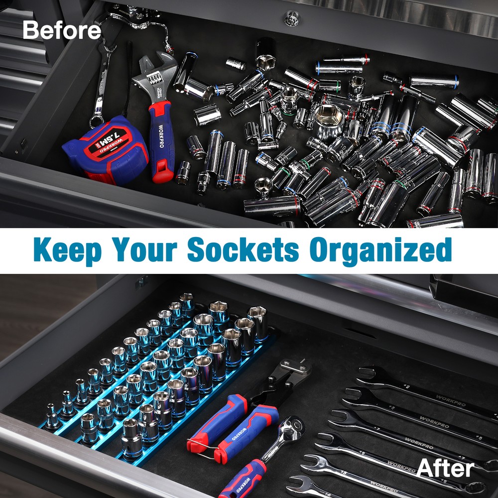 WORKPRO Magnetic Socket Organizer1/2''DriveMultiColor Aluminum Alloy Socket Rail