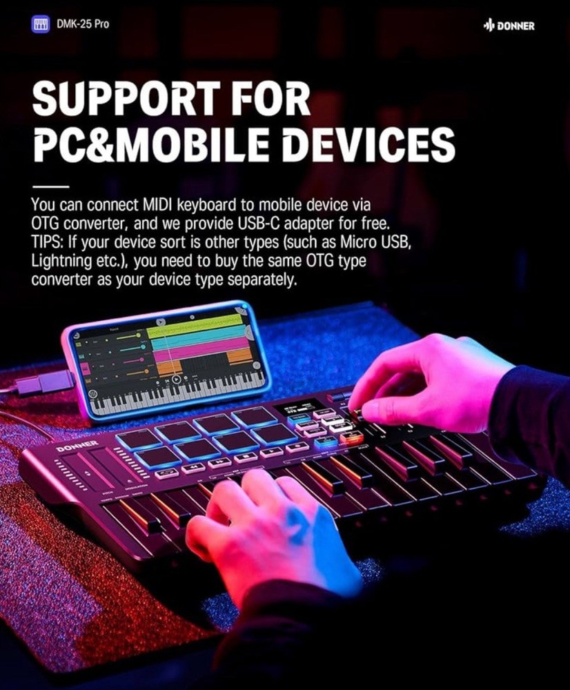 New Donner USB-C MIDI Keyboard DJ Controller OLED 25Key 8Drum Pad Touch Bar