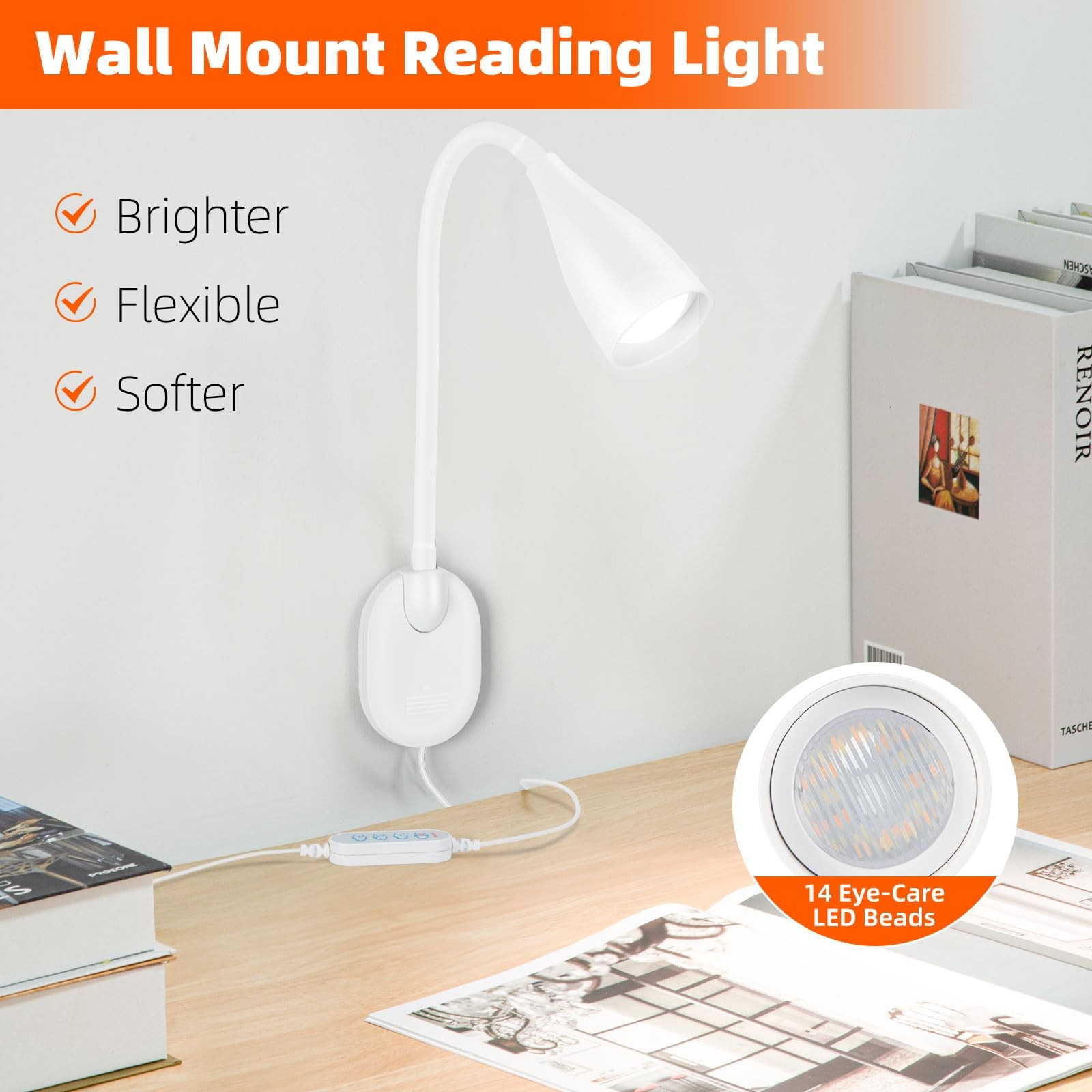 LiFMIRA Wall-Mounted LED Bedside Reading Light with USB Charging Port, White