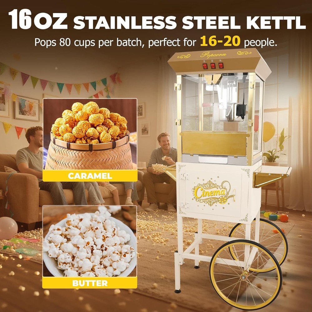 16Oz Commercial Popcorn Machine With Cart and 16 Oz Kettle & 3-Switch Control