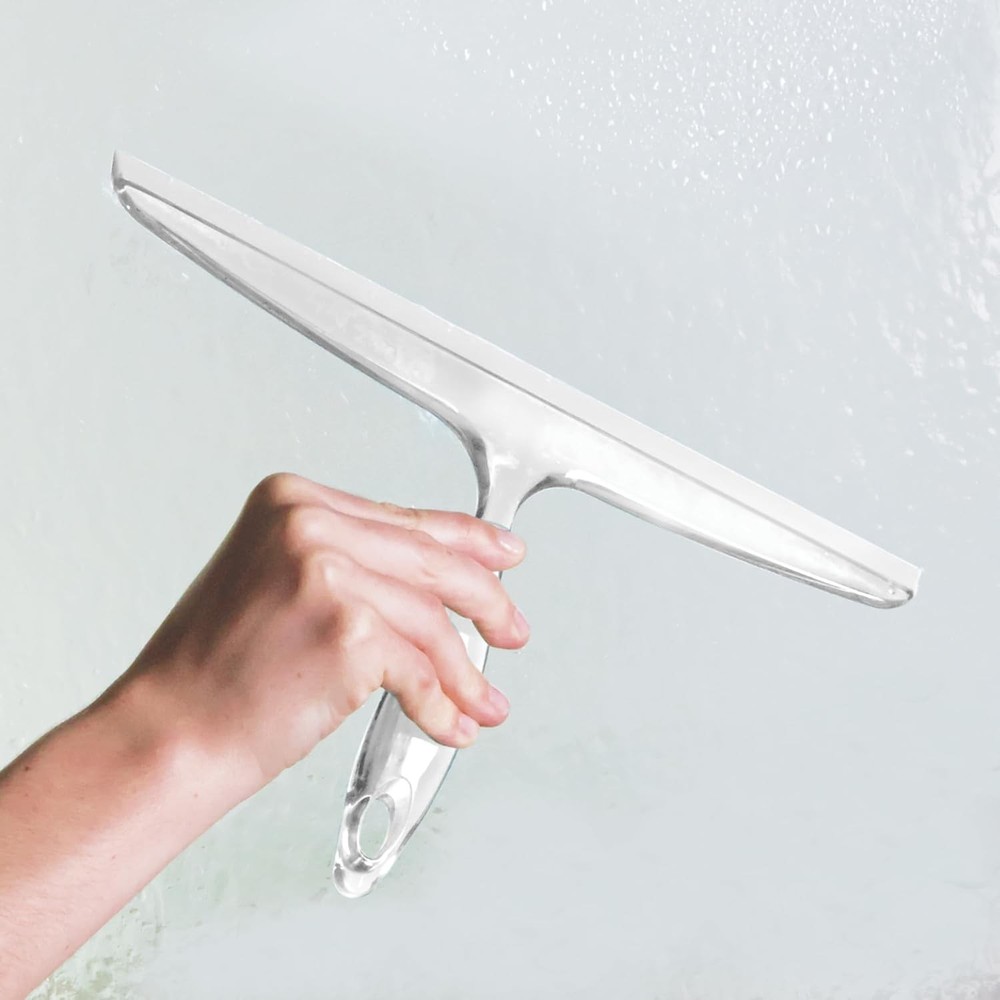 Plastic Bath Squeegee for Glass with Suction Hook Holder – 12", Clear