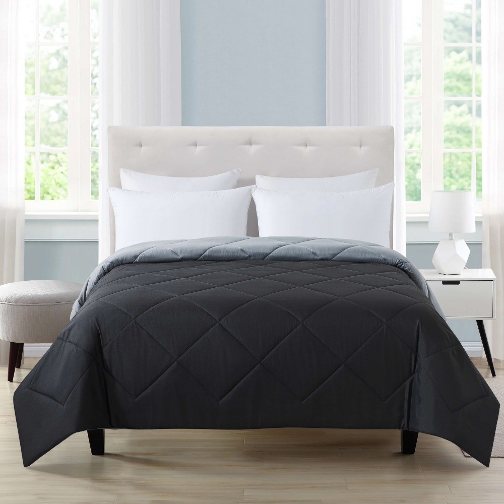 Reversible Microfiber forter Full Queen Size Solid Black Bedding