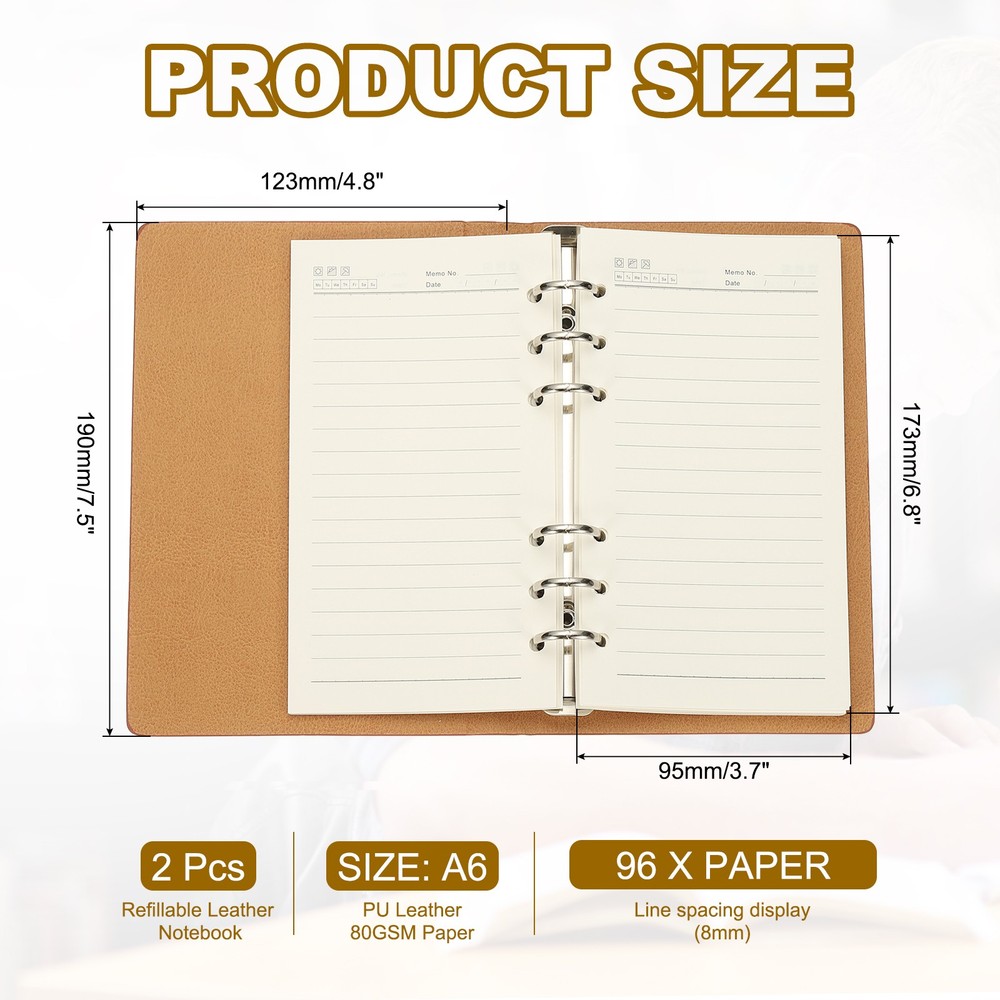 A6 Refillable Leather Notebook, 2Pcs 6 Ring Hardcover Binder Notebook, Brown