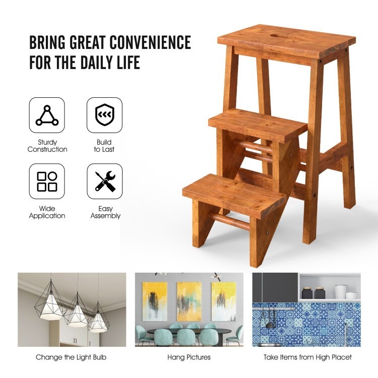 3-in-1 Multifunctional Wood Step Stool Step Ladder Folding w/Convenient Handle