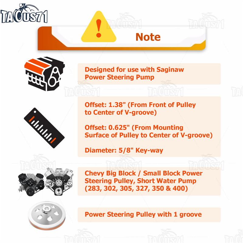 Billet 1V Power Steering Pump Pulley Key Way for SBC BBC Chevy Short Water Pump
