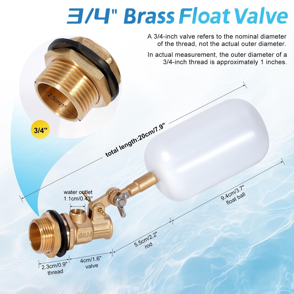 Float Valve 3/4 inch, Brass Water Float Valve with Adjustable Arm, Float Ball...