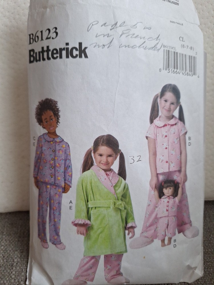 Butterick Sewing Pattern. #B6123 Girls Robe & PJS  / Do ll Pjs Apparel  Craft