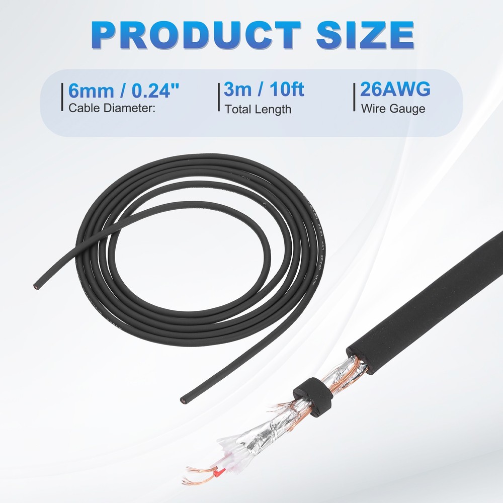 10 Feet Bulk XLR Microphone Cable, Spiral Copper Wrapped Shielding, Black