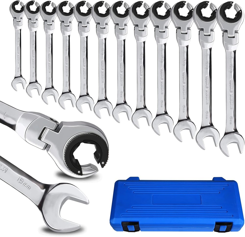 LOSCHEN Metric Open Flex-Head Ratcheting Wrench 12pcs/set (8-19mm), Silver