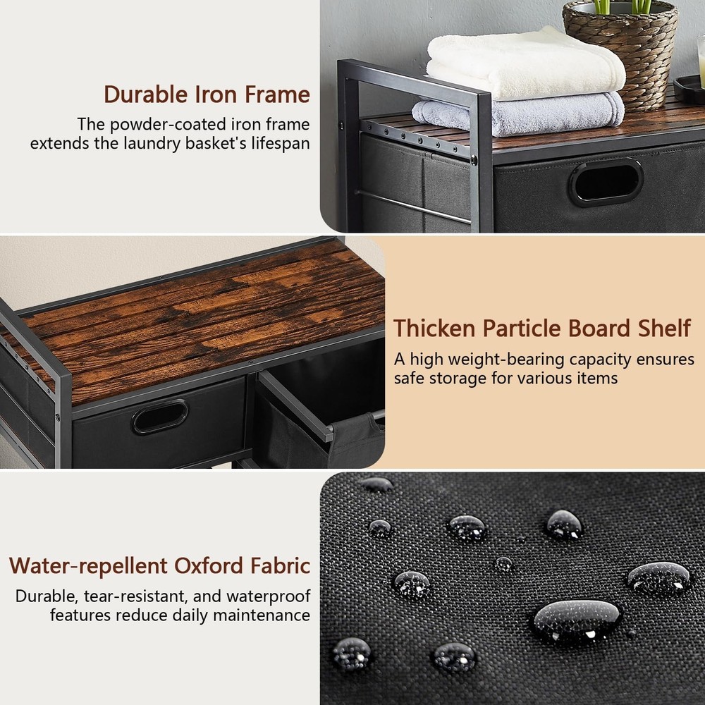 Large Rustic Brown & Black Laundry Basket with Wheels, 3 Compartments, 60L Ca...