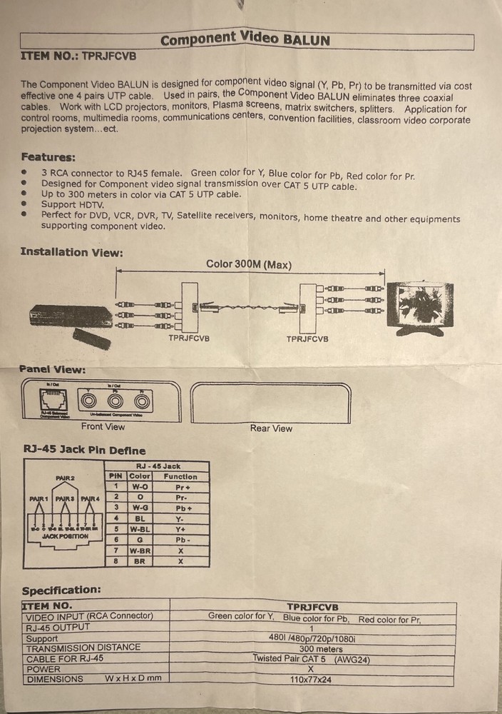 Cat5 to RCA Component Video BALUN (one pair) Model TPRJFCVB by Direct Connect