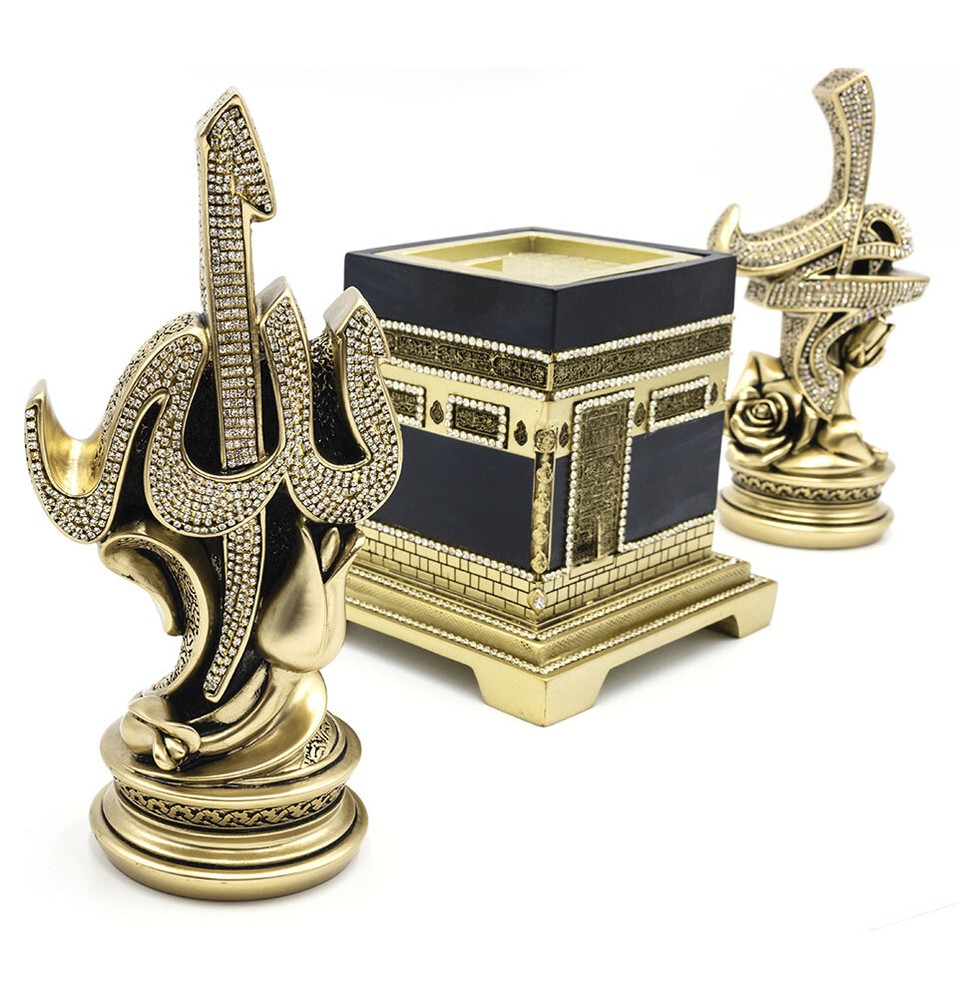Islamic Table Decor 3 Piece Set | Kaba with Tulip & Rose Allah Muhammad | Gold