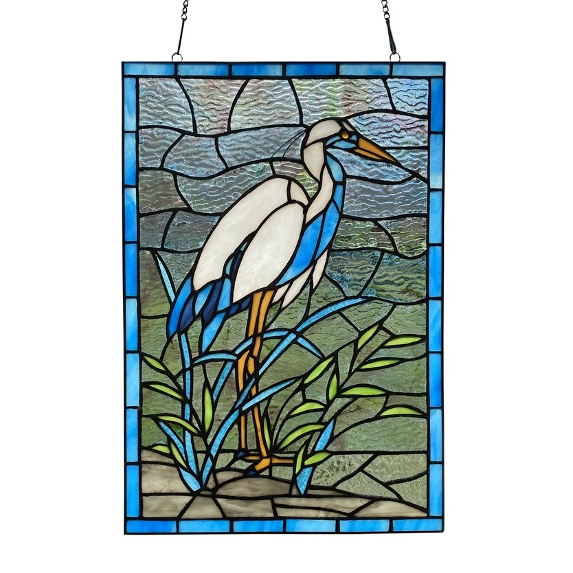 18" White & Blue Crane Stained Glass Window Panel