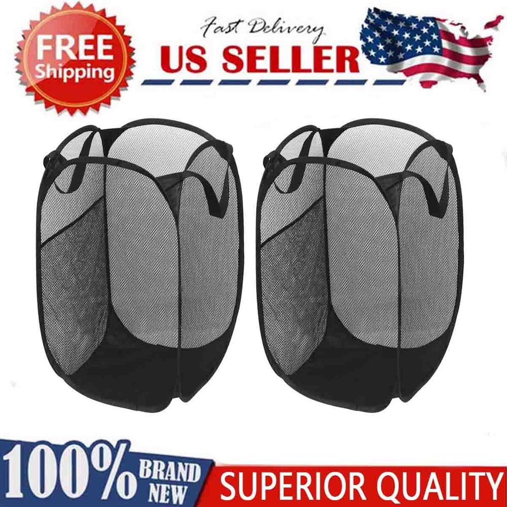 Convenient and practical foldable mesh pop-up laundry basket (Black | 2-Pack)
