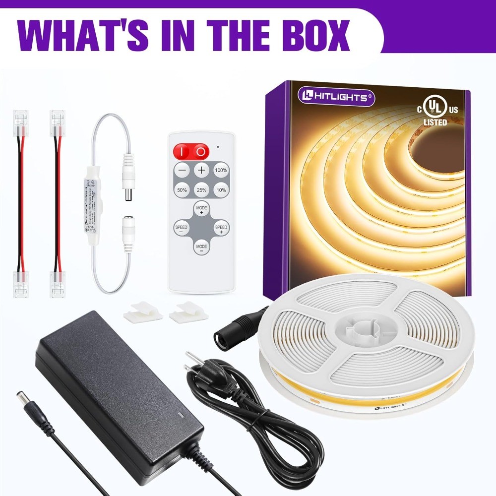 COB LED Strip Kit 16.4ft, 3000K Warm White, 24V Dimmable, Remote
