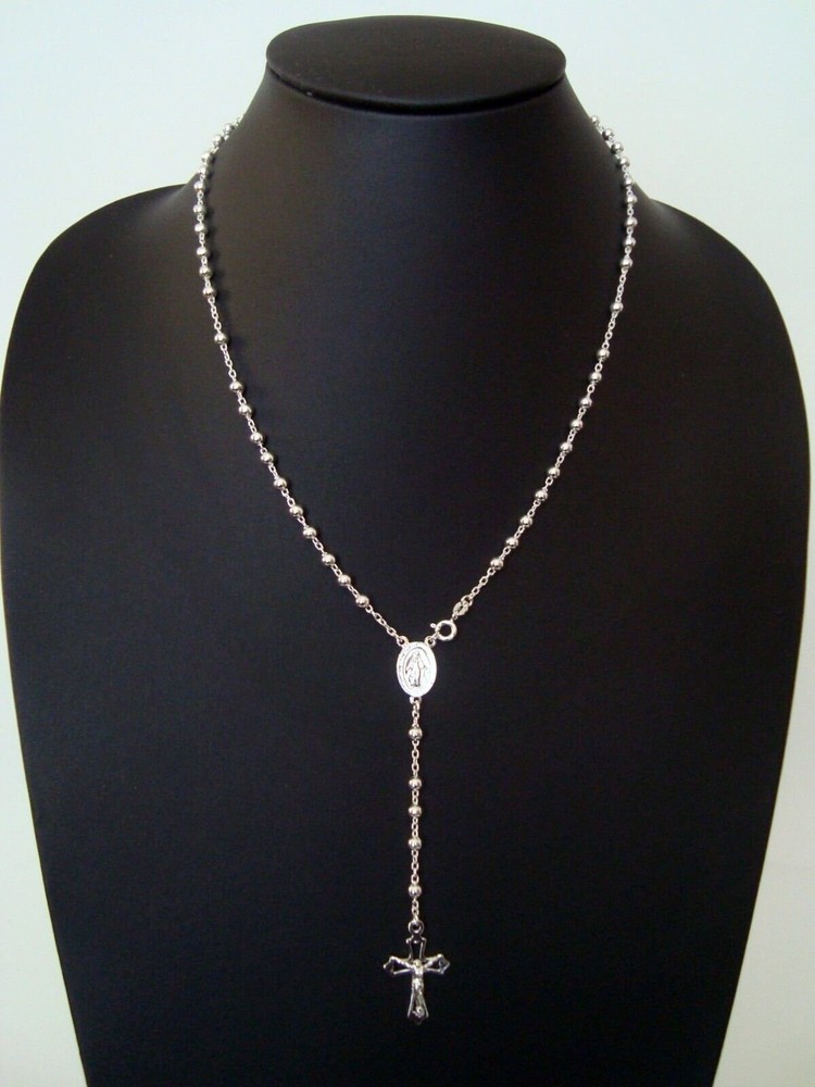925 Sterling Silver Italian rosary Virgin Mary 20" long, 4mm silver beads