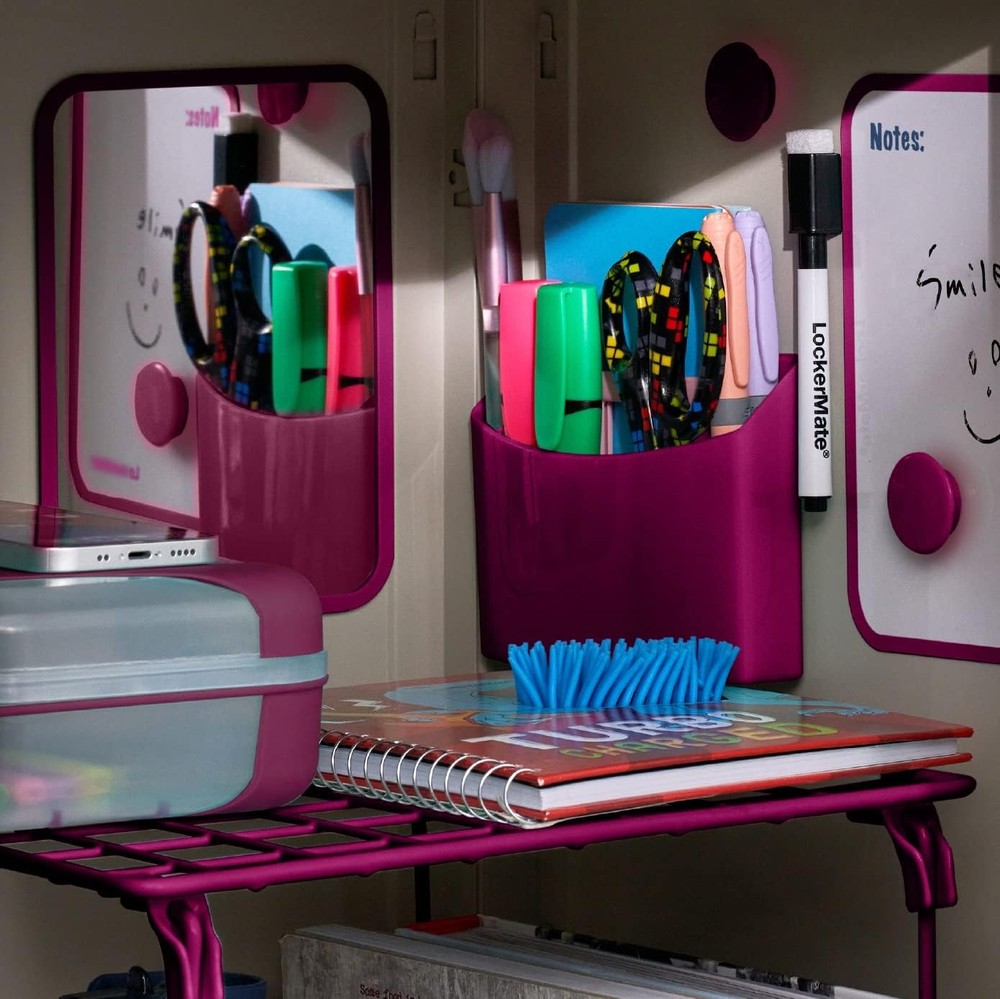 7-Piece Locker Organizer Kit, Includes Locker Shelf, Mirror, Whiteboard, Pink