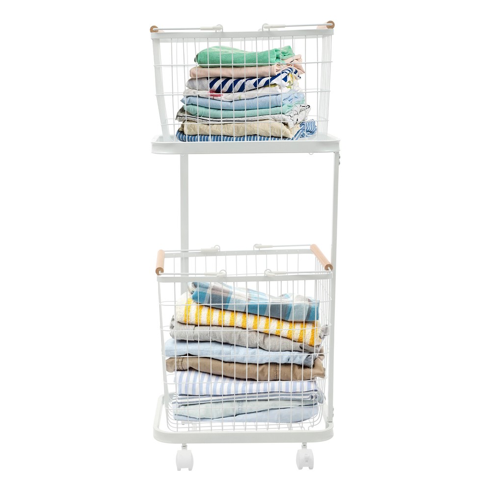 2 Tier White Laundry Basket With Wheels Metal Rectangular Laundry Basket