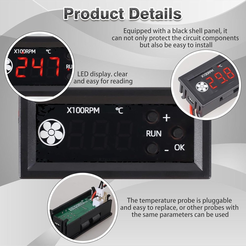 ICSTATION 12V PWM 4-Wire Fan Speed Controller with Temp Probe Display