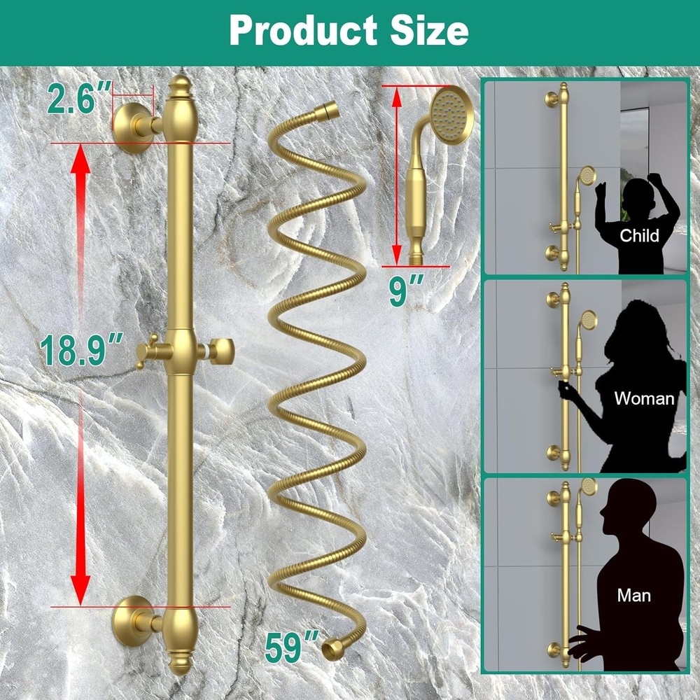 Brass Shower Slide Bar with Handheld Head, Adjustable Brushed Gold