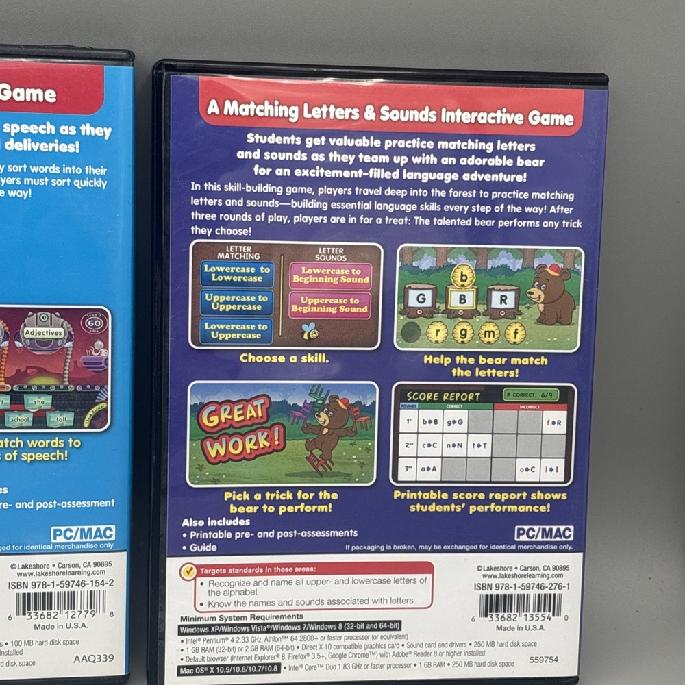 3 Lakeshore Games Grades 1-2 /Pre K - K Language Interactive CD-ROM Mac/PC