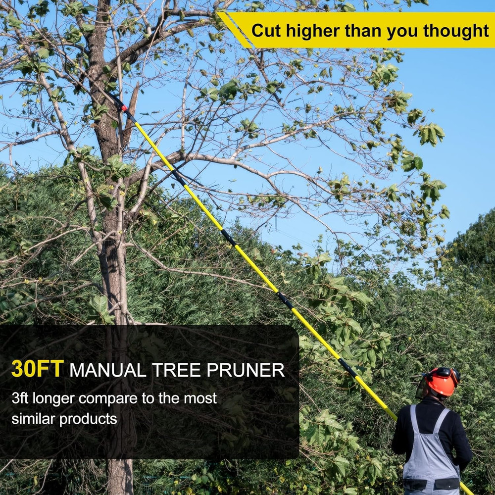 30 FT Manual Pole Saw for Tree Trimming, Extendable Pruning Saw with Sharp Steel