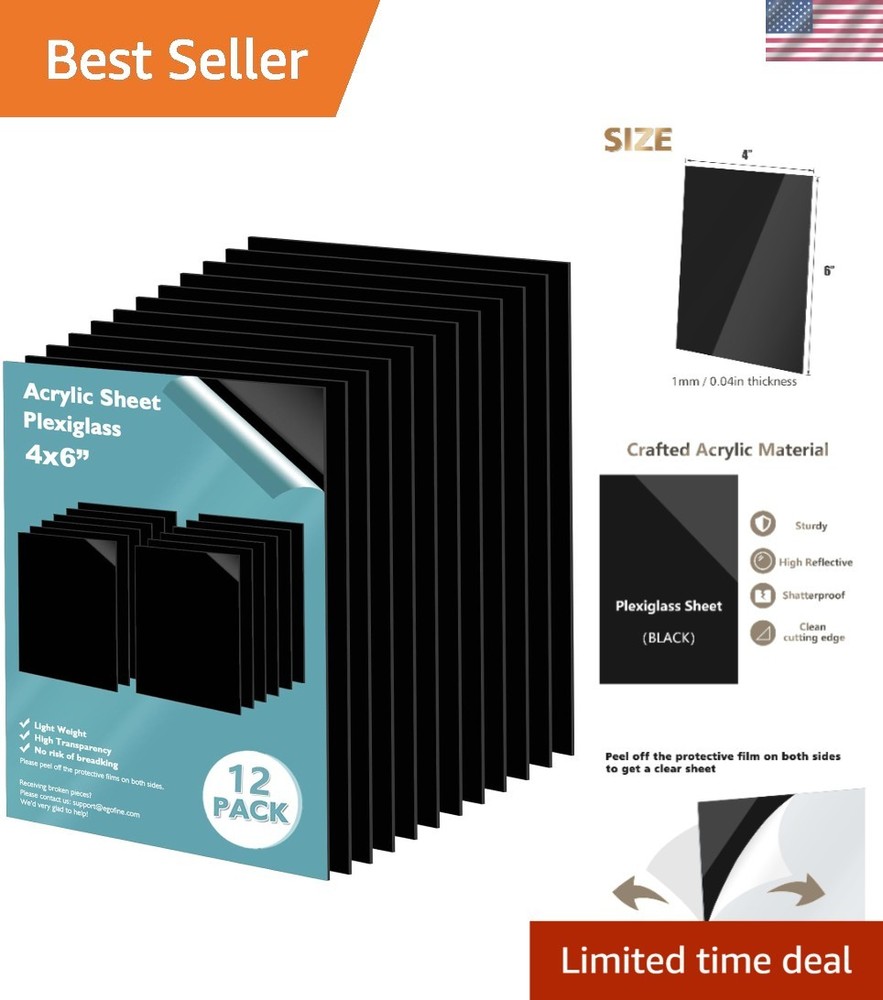 12-Pack 4" x 6" Black Plexiglass Sheets - Durable Cast Acrylic for Crafts