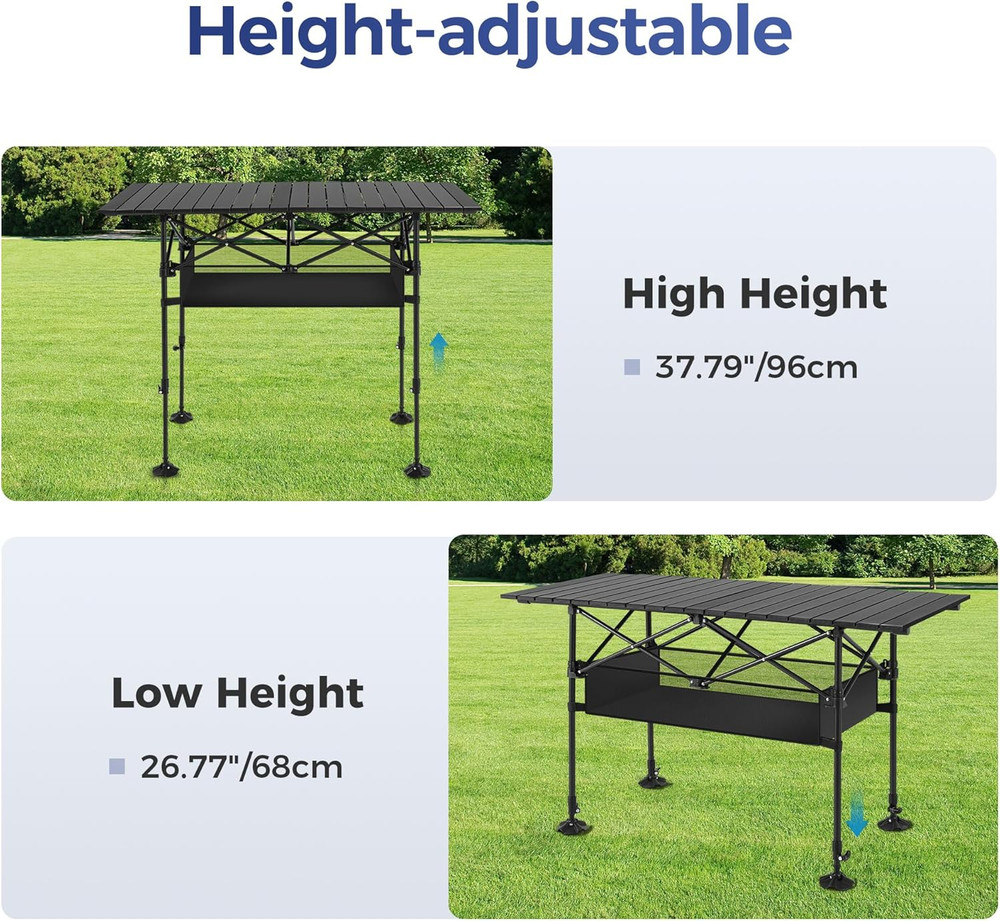 Portable Camping Table, Adjustable Aluminum Folding Table for Picnic, BBQ, Outdo