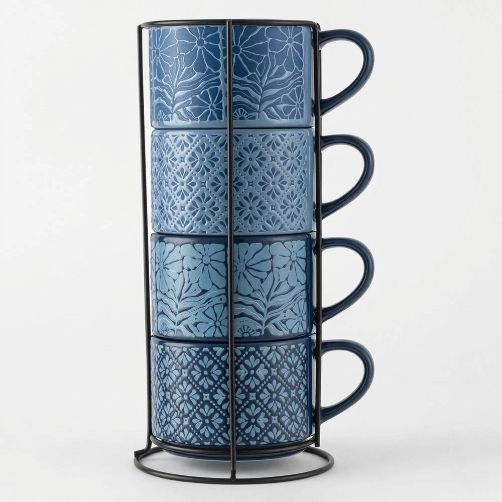 Stacking Ceramic Mugs Set – 4pc 12oz Stackable Coffee Cups | Modern Space Saving