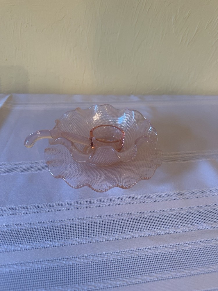 Vintage Pink Pressed Glass Handled Nappy Candy Dish Ruffled Edge