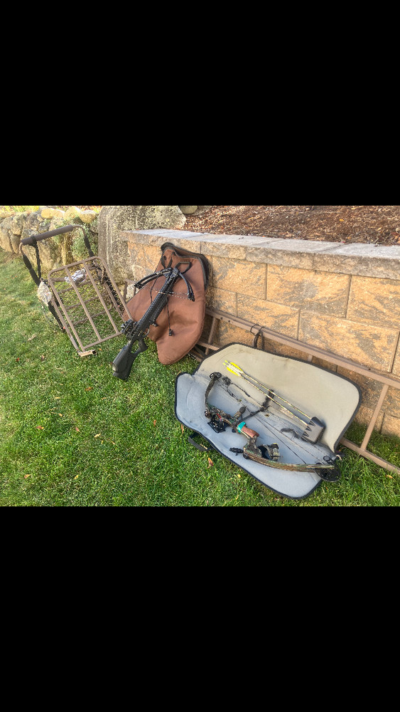 1) Crossbow 2)compound bow, 3)tree stand. Call 617-966-3810