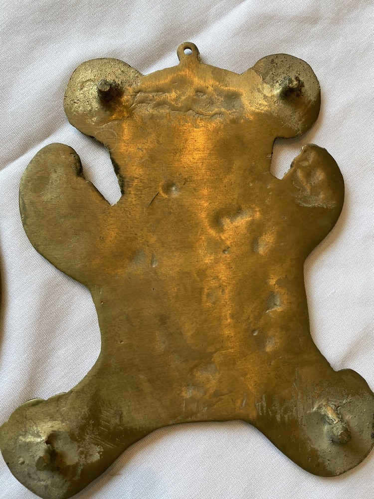 2 Vintage Solid Brass Trivets Footed Teddy Bears Gold Hanging Countertop