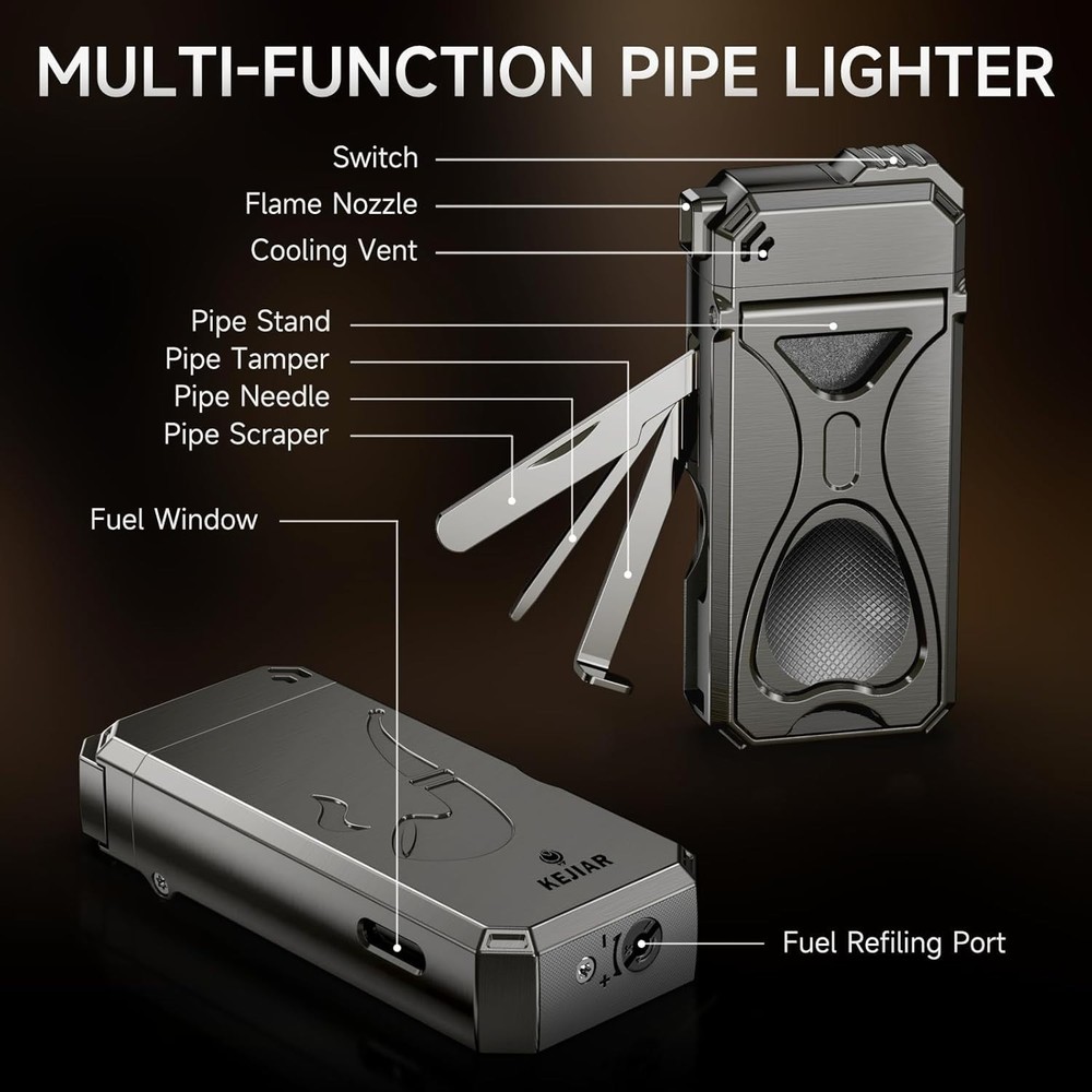 Pipe Lighter ，4 in 1 Soft Flame Lighter with Pipe Stand, 3 Collapsible Pipe Cl