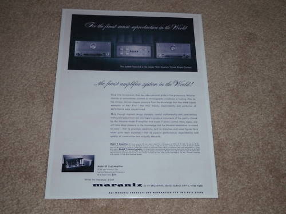 Marantz Ad, 1961, 9, 8b Amplifiers, 7 Preamp, Specs,1pg