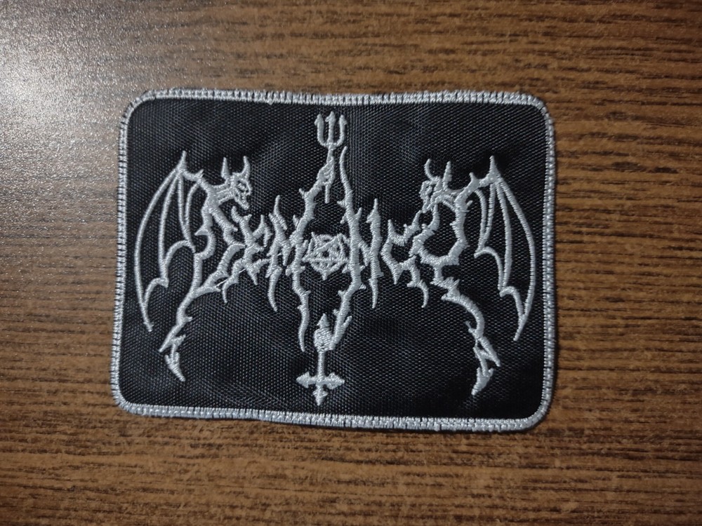 DEMONIC,SEW ON WHITE WITH WHITE BORDER EMBROIDERED PATCH
