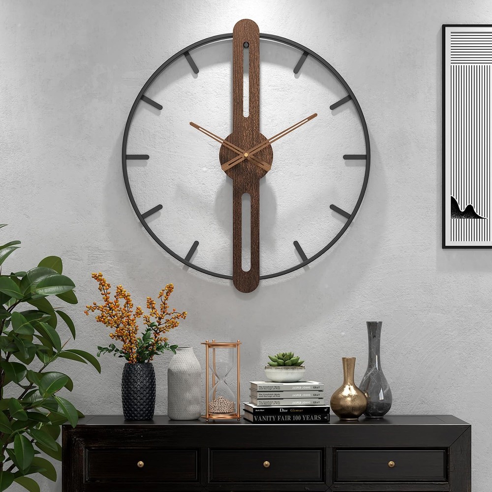Modern Walnut Dial Wall Clock, Wood Large Wall Clock Decor Metal Frame Silent...