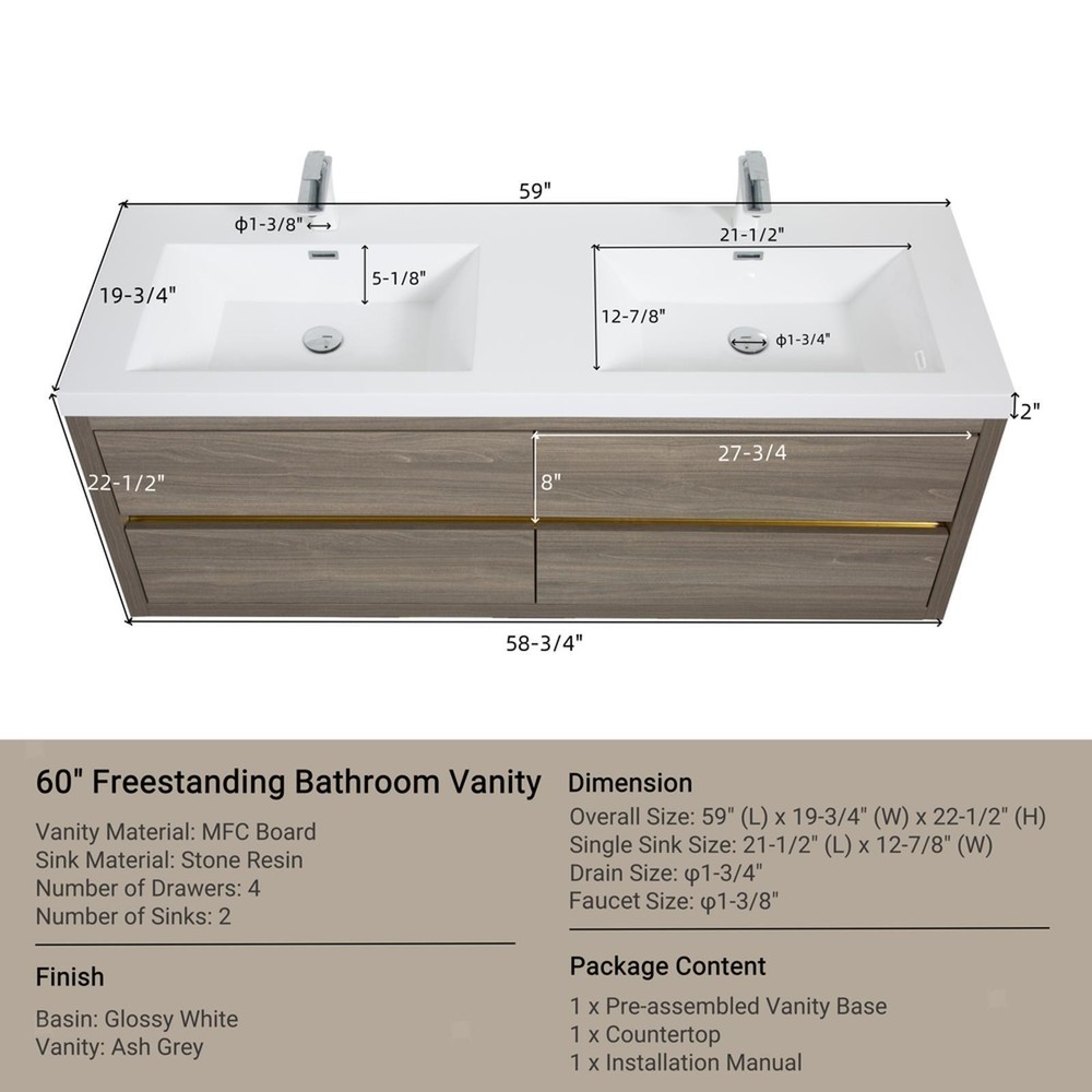 60" Wall-Mounted Bathroom Vanity with Double Sinks, Floating Bathroom Storage