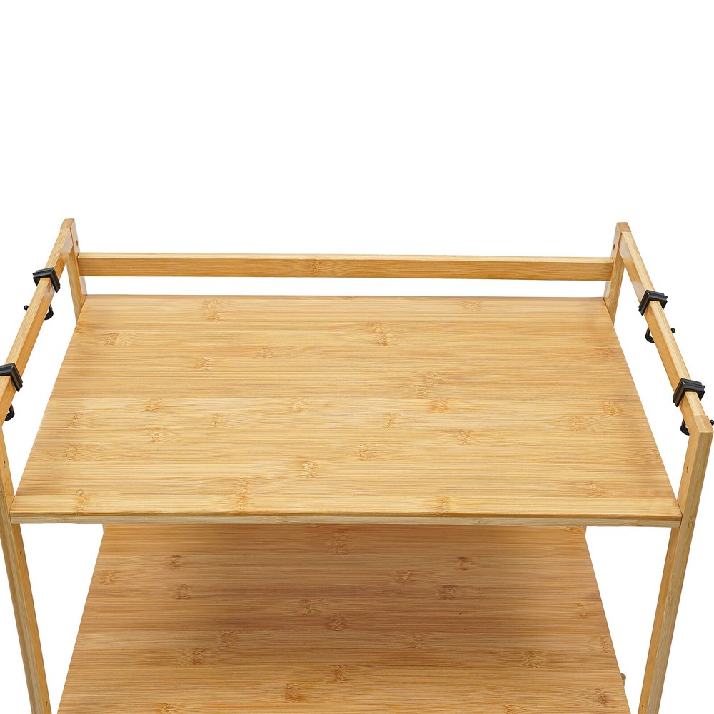 2-Tier Bamboo Kitchen Storage Rack with Hooks and Adjustable Shelves