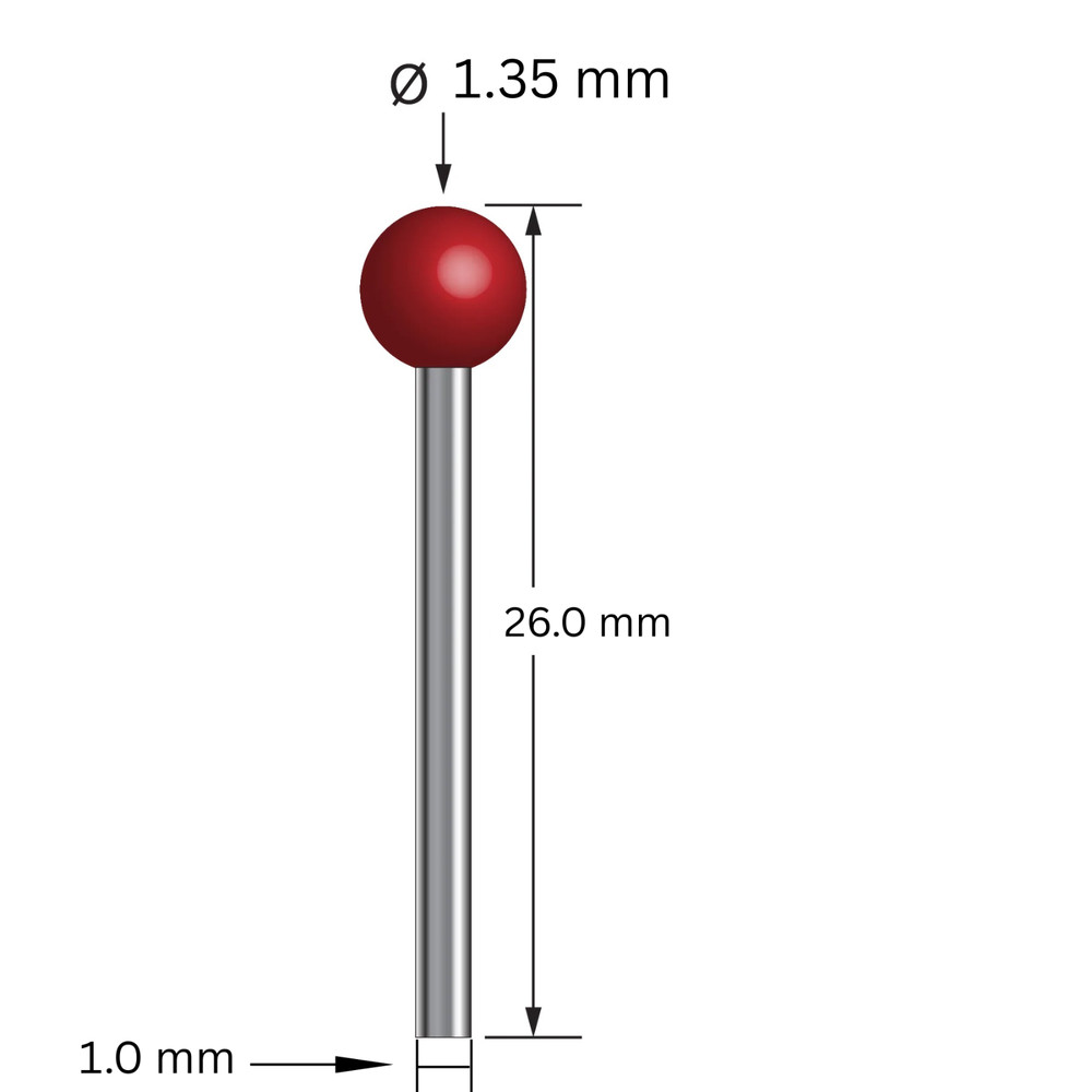 Precision CMM Stylus, Threadless - 1.35mm Ruby Tip, 1.0mm Shaft, 26mm Length